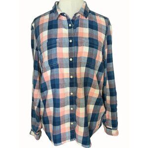 Tommy Hilfiger Pearl Snap Shirt Women Large Blue Pink Check Long Sleeve Western